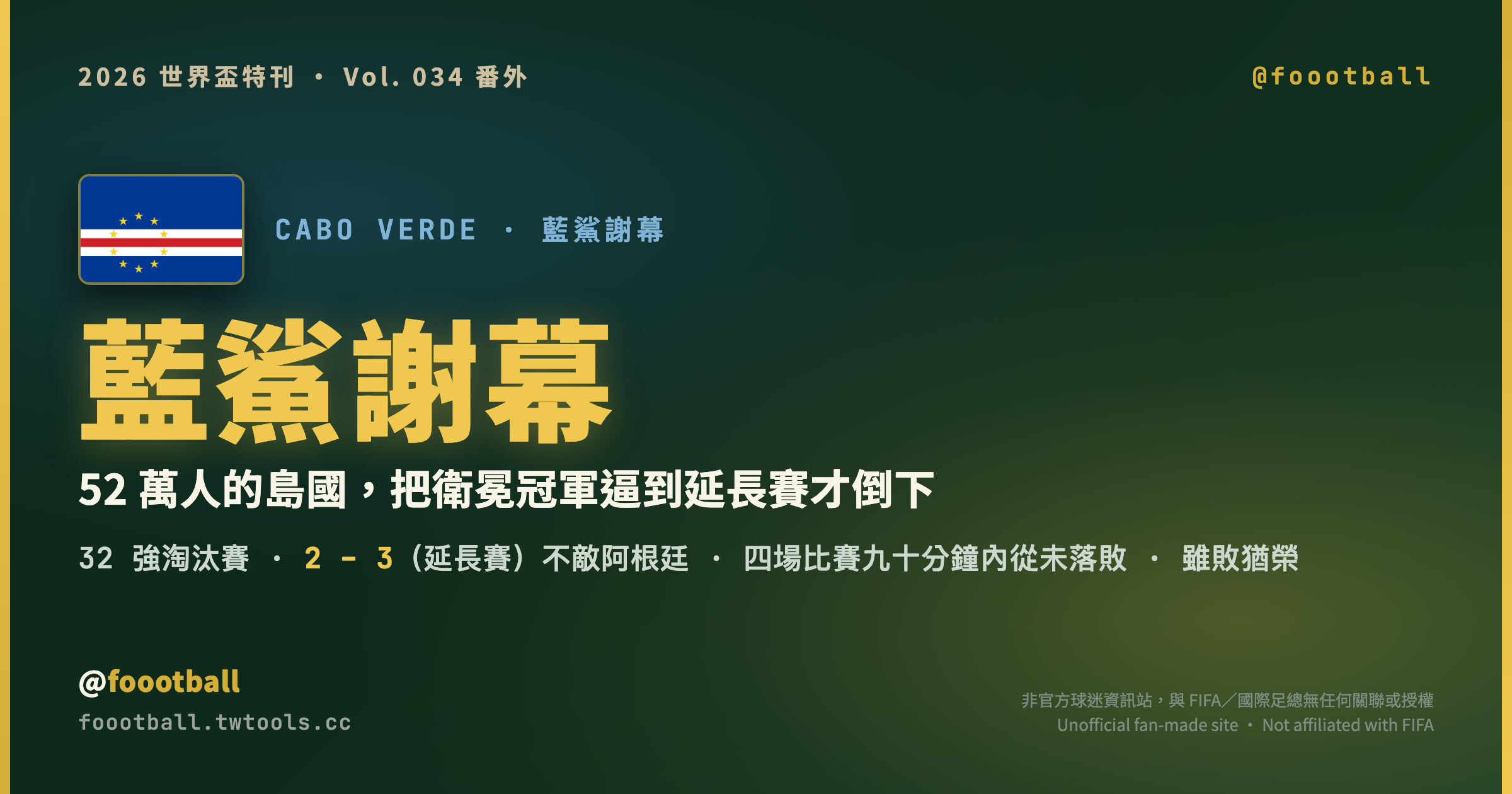 52 萬人的島國，把衛冕冠軍逼到延長賽才倒下：維德角的世界盃童話，在第 111 分鐘一顆折射球中謝幕｜封面